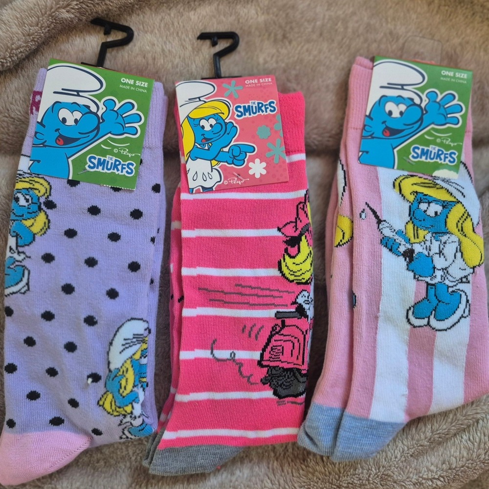 The Smurfs Smurfette Crew Socks 3 Pack Pink Purple Polka Dot US Adult 7-12